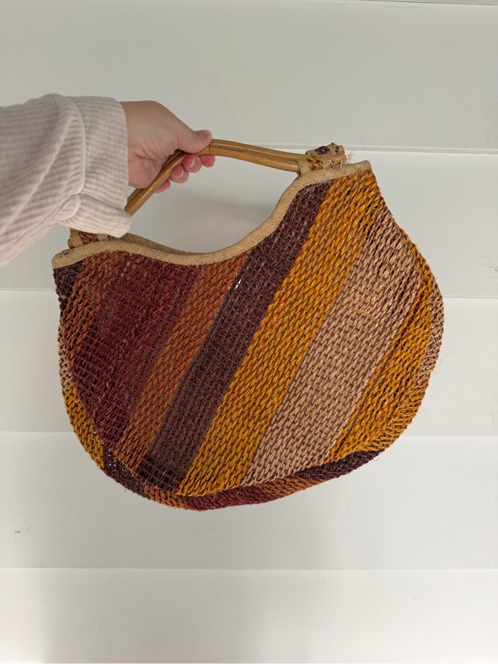 Vintage Striped Woven Straw Shoulder Bag in Mustard, Brown & Cream